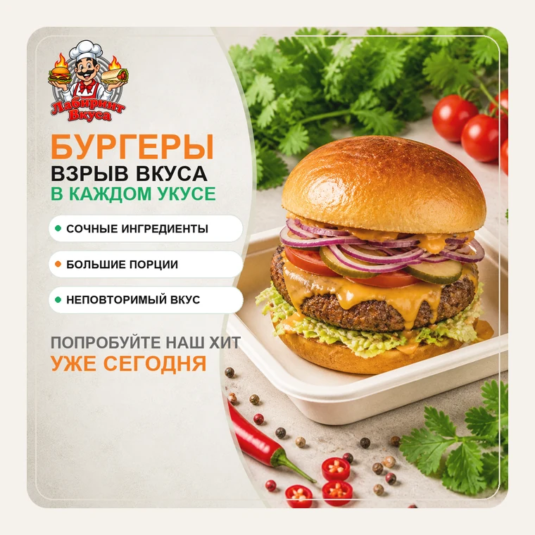 Бургеры — Котлета из свежего мяса, тянущийся сыр, хрустящие овощи и фирменный соус в мягкой булочке. Собираем строго под заказ, поэтому булка не размокает по дороге, а котлета доезжает горячей. Есть говядина, свиная шея, курица, плескавица и большие комбо на всю компанию.