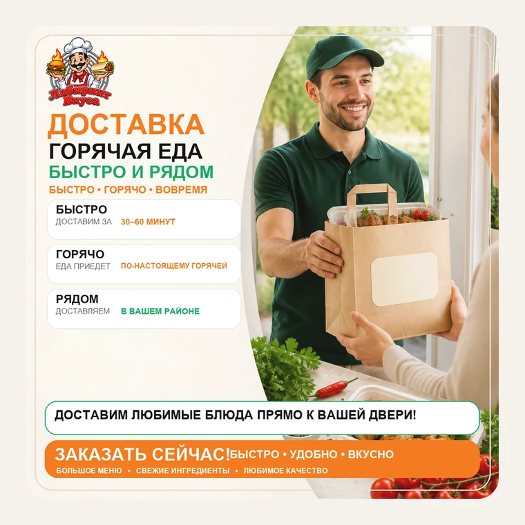 Доставка 24/7 — Работаем круглосуточно и возим по всему Нижнему Новгороду — обычно укладываемся в 30–60 минут. Еда едет в термосумке, поэтому приезжает по-настоящему горячей, а не «тёплой». Оплата наличными или картой курьеру; минимальная сумма зависит от района, а самовывоз — без неё.