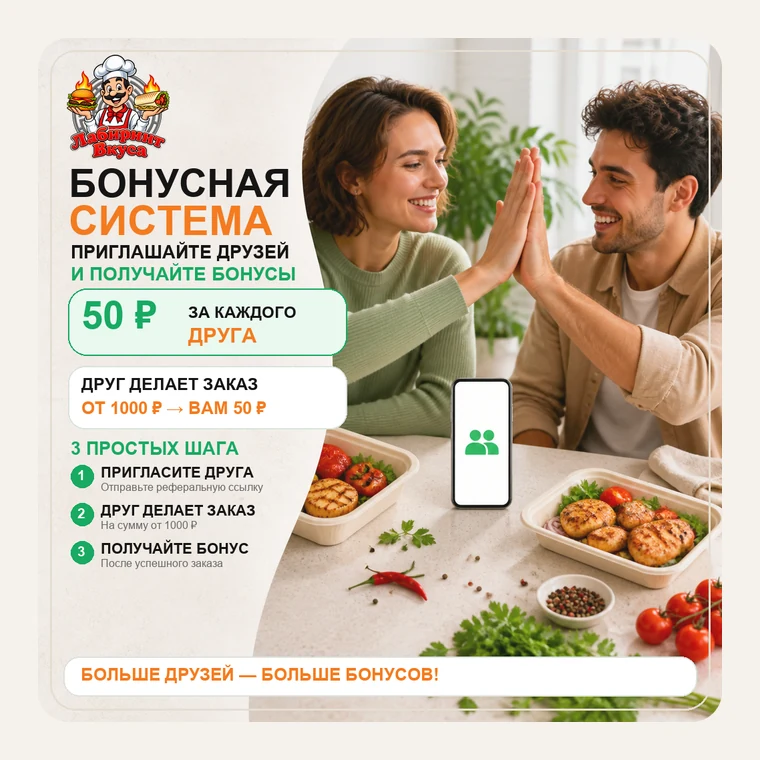Приглашай друзей — Отправьте другу свою ссылку — и получайте 50 ₽ за каждую тысячу в его заказе. Друг делает заказ от 1 000 ₽: ему вкусный ужин, вам бонусы на счёт. Сколько друзей — столько и бонусов, ограничений мы не ставим.